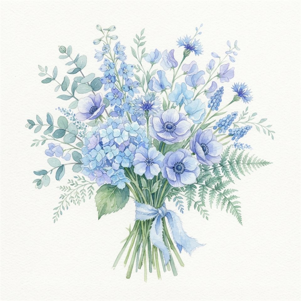 Watercolor illustration on a plain white background of a bouquet of flowers, cheerful scene with gentle details, cool blue tones, quiet atmosphere, 1:1 aspect ratio