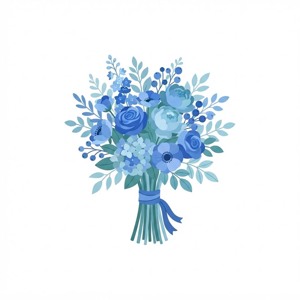 Flat vector illustration on a plain white background of a bouquet of flowers, isolated single subject, centered, cool blue tones, quiet atmosphere, 1:1 aspect ratio