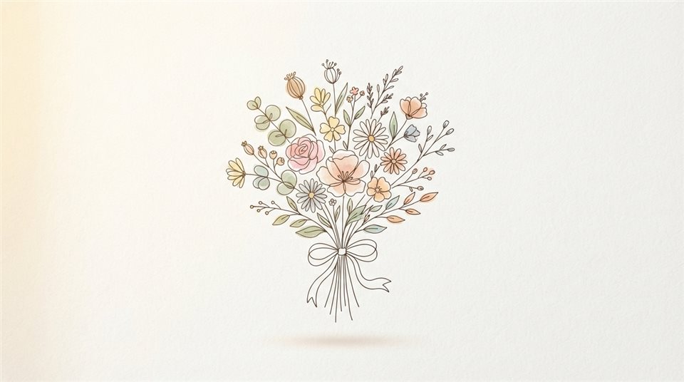 꽃다발, 흰 배경 부드러운 색 선화, 하나의 대상을 가운데 배치, 따뜻한 황금빛, 차분한 분위기, 16:9 비율