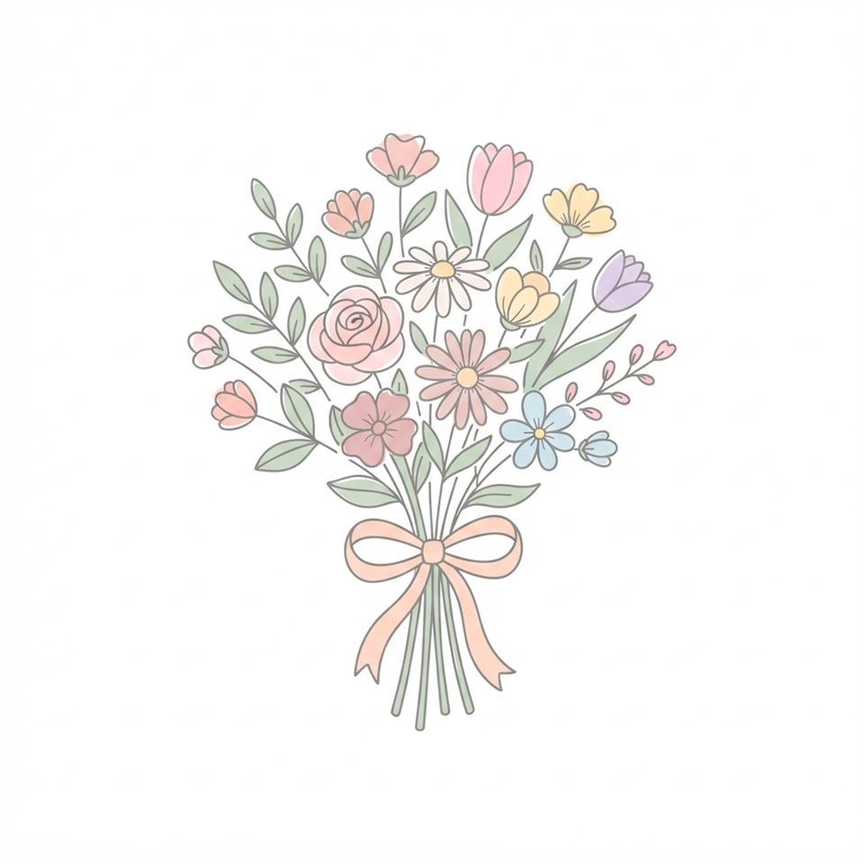 Simple line art with soft colors on a plain white background of a bouquet of flowers, simple icon-like composition, soft pastel colors, bright and cozy, 1:1 aspect ratio