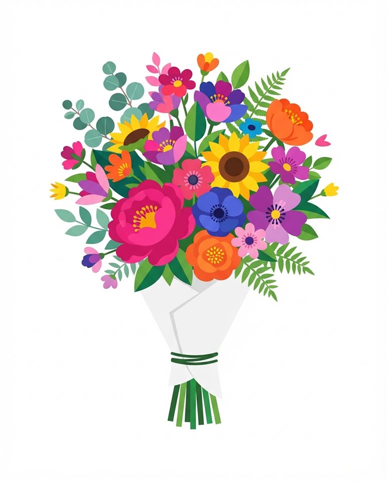 Flat vector illustration on a plain white background of a bouquet of flowers, simple icon-like composition, vivid colors, high contrast, energetic, 4:5 aspect ratio
