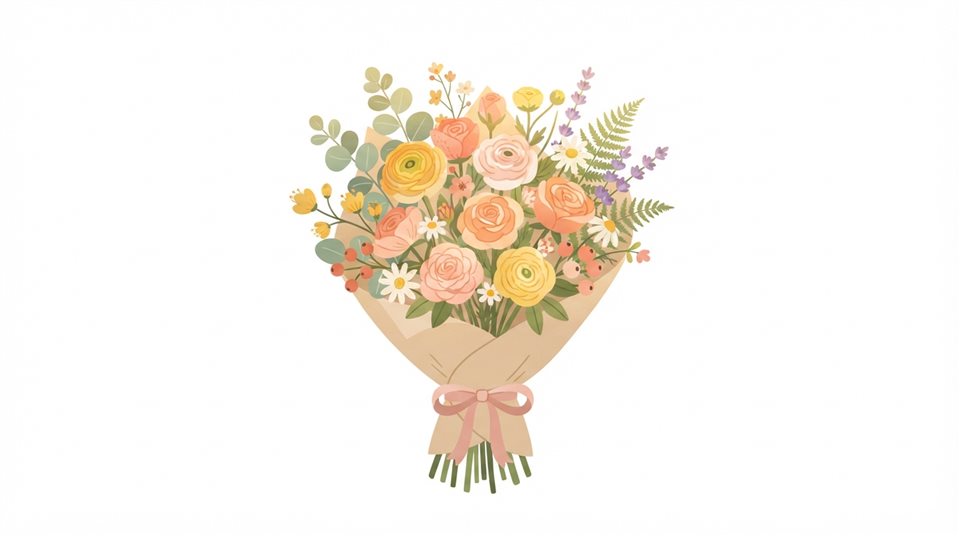 Flat vector illustration on a plain white background of a bouquet of flowers, cheerful scene with gentle details, warm golden light, calm mood, 16:9 aspect ratio