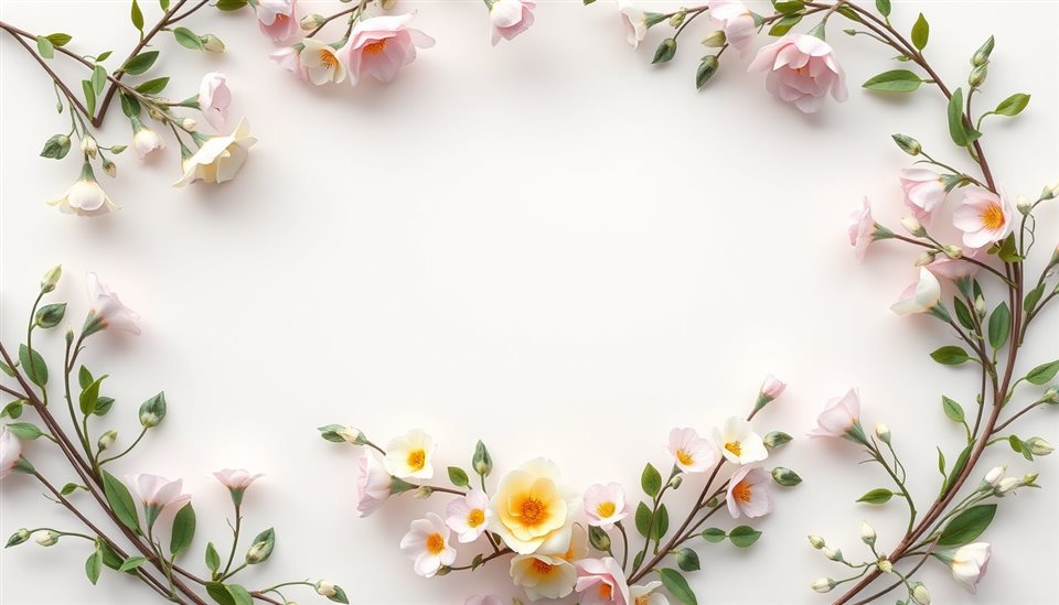 Soft 3D render of A round decorative wreath made of fresh pastel-colored spring flowers and green leaves on a white background, high-angle view from above, misty morning haze, dreamy, 16:9 aspect ratio