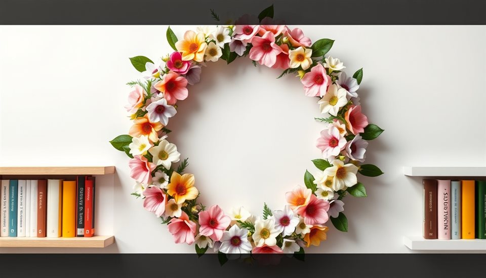 Cinematic film still of A round decorative wreath made of fresh pastel-colored spring flowers and green leaves on a white background, centered subject with a simple uncluttered composition, vivid colors, high contrast, energetic, 16:9 aspect ratio
