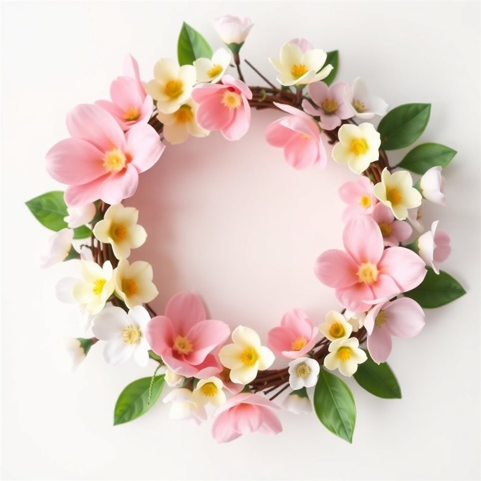 Minimal flat illustration of A round decorative wreath made of fresh pastel-colored spring flowers and green leaves on a white background, close-up detail with shallow depth of field, soft pastel colors, bright and cozy, 1:1 aspect ratio