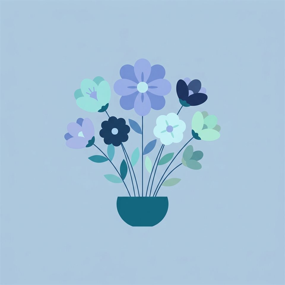 Ilustración plana minimalista de flores coloridas, sujeto centrado con una composición simple y despejada, tonos azules fríos, atmósfera tranquila, relación de aspecto 1:1