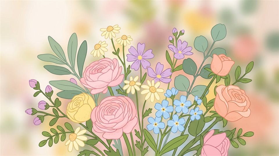 Ilustración plana minimalista de flores coloridas, detalle en primer plano con poca profundidad de campo, colores pastel suaves, brillante y acogedor, relación de aspecto 16:9