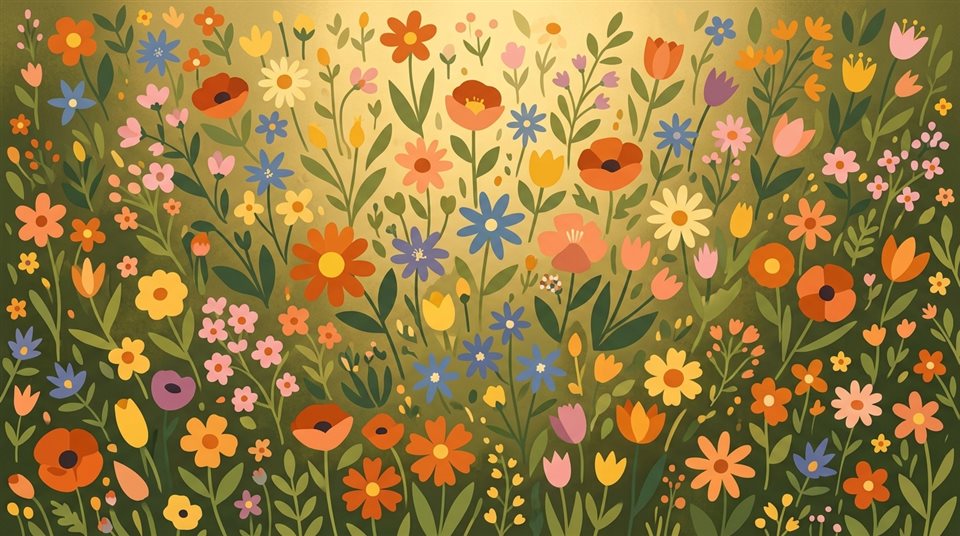 Ilustración plana minimalista de flores coloridas, vista de ángulo picado desde arriba, luz dorada cálida, ambiente sereno, relación de aspecto 16:9