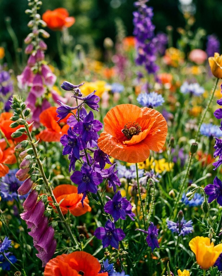 Cena de filme cinematográfico de flores coloridas, detalhe em close com baixa profundidade de campo, cores vivas, alto contraste, energético, proporção 4:5