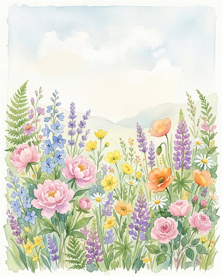 Ilustración en acuarela de flores coloridas, plano general con espacio abierto en la parte superior para texto, colores pastel suaves, brillante y acogedor, relación de aspecto 4:5