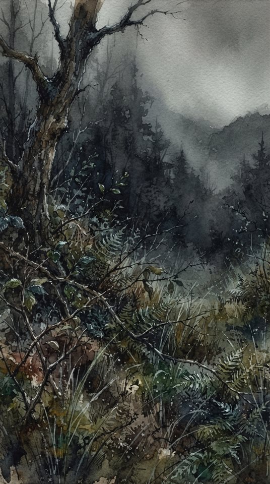 Watercolor illustration of foggy landscape, close-up detail with shallow depth of field, moody dark tones, dramatic lighting, 9:16 aspect ratio