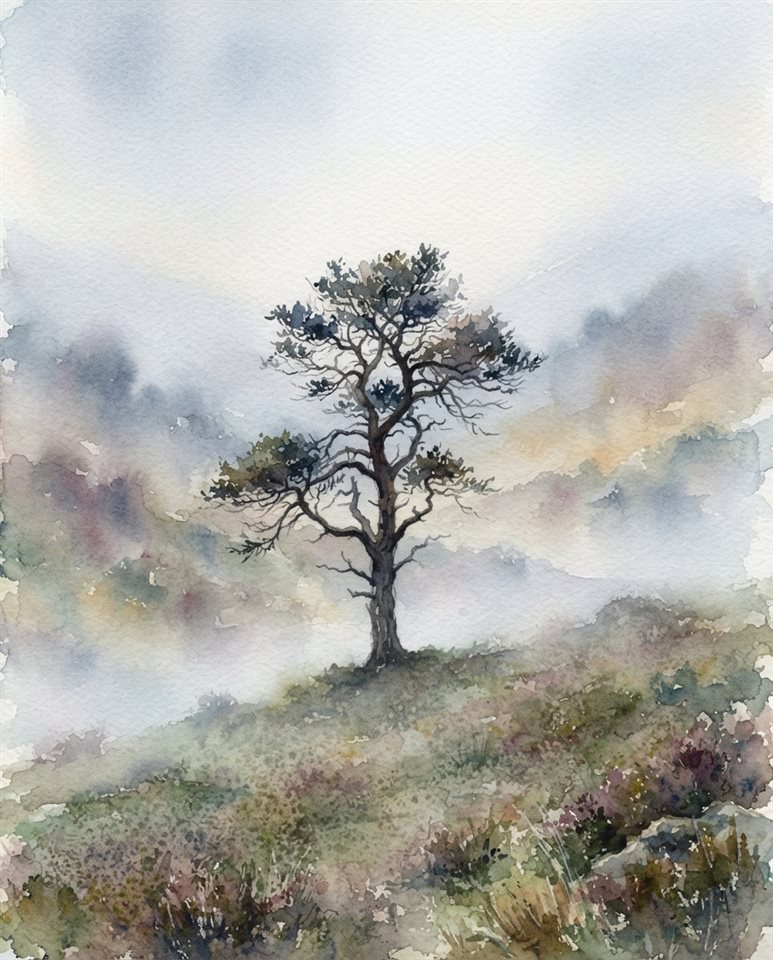 Watercolor illustration of foggy landscape, centered subject with a simple uncluttered composition, misty morning haze, dreamy, 4:5 aspect ratio