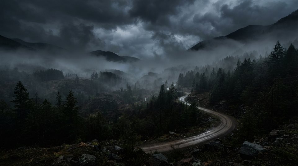 Photorealistic photo of foggy landscape, wide shot with open space at the top for text, moody dark tones, dramatic lighting, 16:9 aspect ratio