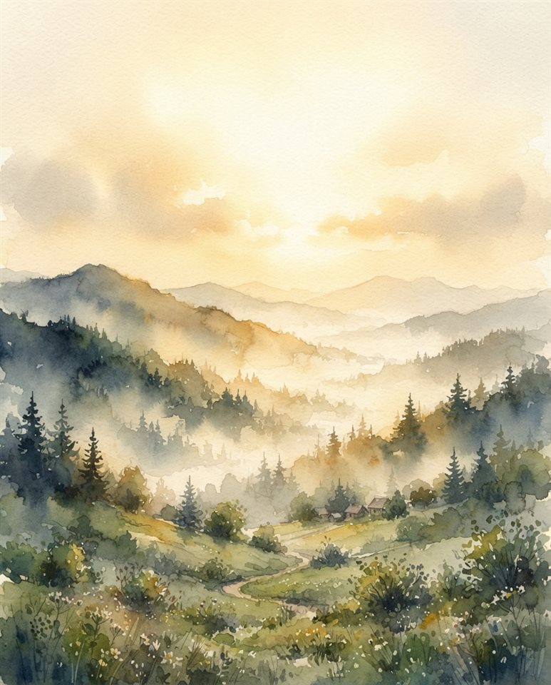 霧氣風景的水彩插畫，上方留有文字空間的寬景構圖，溫暖金光，平靜氛圍，4:5比例