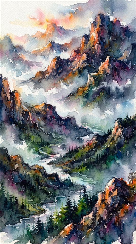 Watercolor illustration of foggy landscape, high-angle view from above, vivid colors, high contrast, energetic, 9:16 aspect ratio