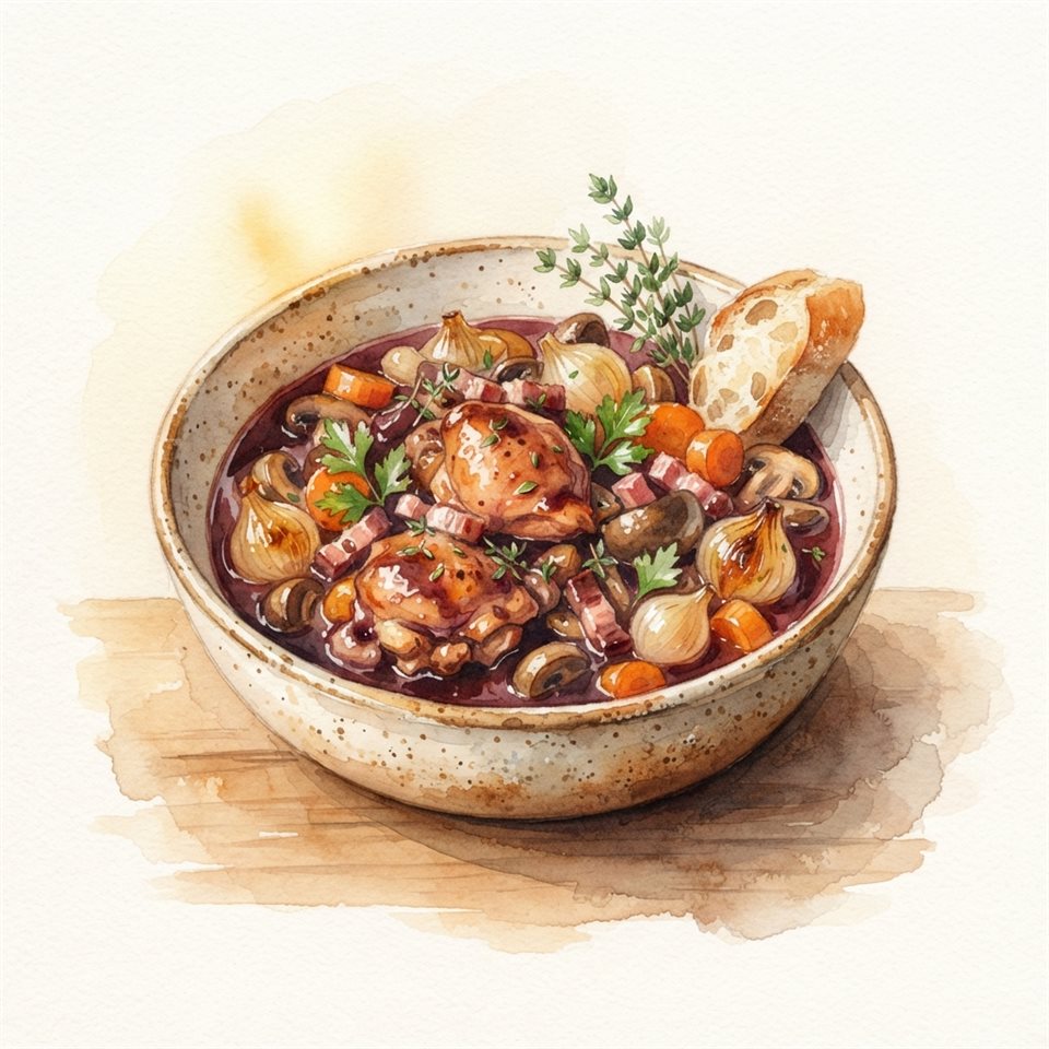 Watercolor illustration on a plain white background of delicious food dishes, isolated single subject, centered, warm golden light, calm mood, 1:1 aspect ratio