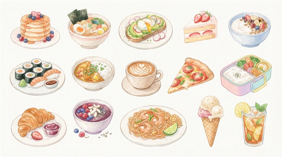 Watercolor illustration on a plain white background of delicious food dishes, simple icon-like composition, soft pastel colors, bright and cozy, 16:9 aspect ratio