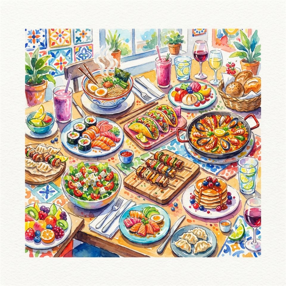 맛있는 음식, 흰 배경 수채화 일러스트, 밝은 장면과 부드러운 디테일, 선명한 색감, 강한 대비, 생동감 있는 분위기, 1:1 비율
