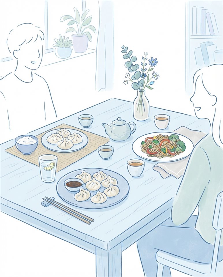 Simple line art with soft colors on a plain white background of delicious food dishes, cheerful scene with gentle details, cool blue tones, quiet atmosphere, 4:5 aspect ratio