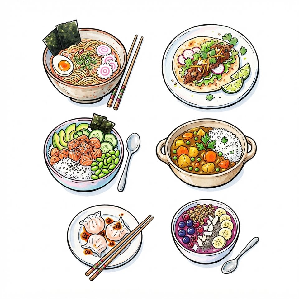 Simple line art with soft colors on a plain white background of delicious food dishes, small set of several items arranged neatly, vivid colors, high contrast, energetic, 1:1 aspect ratio