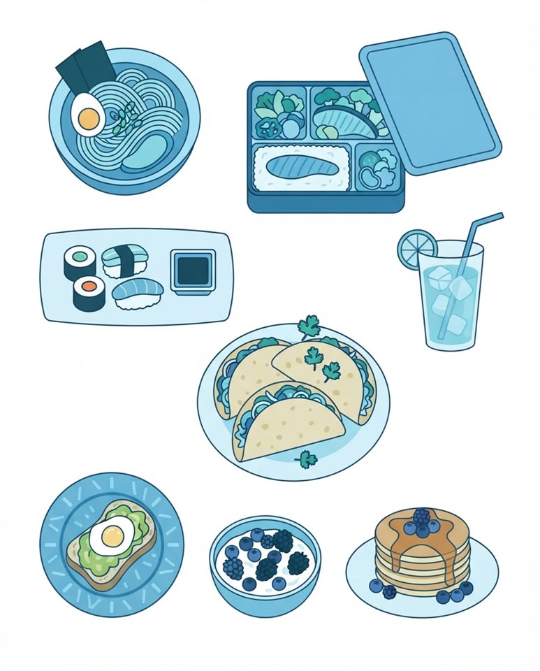 Flat vector illustration on a plain white background of delicious food dishes, simple icon-like composition, cool blue tones, quiet atmosphere, 4:5 aspect ratio