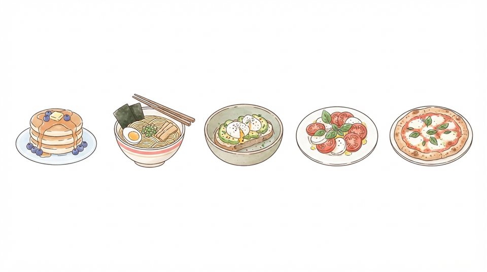 Simple line art with soft colors on a plain white background of delicious food dishes, isolated single subject, centered, soft pastel colors, bright and cozy, 16:9 aspect ratio
