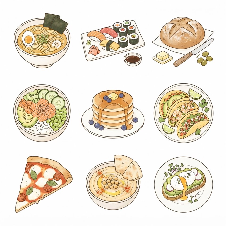 Simple line art with soft colors on a plain white background of delicious food dishes, simple icon-like composition, warm golden light, calm mood, 1:1 aspect ratio
