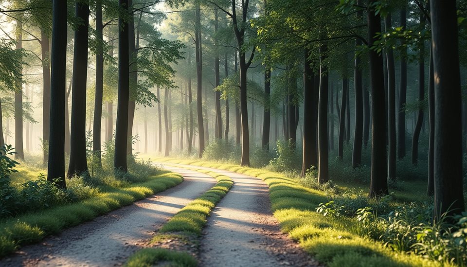 Soft 3D render of A tranquil dirt path winding through a dense green forest with soft sunlight filtering through the tall trees., close-up detail with shallow depth of field, misty morning haze, dreamy, 16:9 aspect ratio