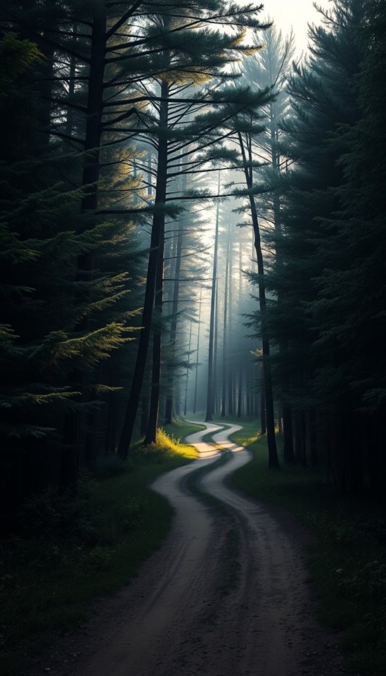Photorealistic photo of A tranquil dirt path winding through a dense green forest with soft sunlight filtering through the tall trees., wide shot with open space at the top for text, moody dark tones, dramatic lighting, 9:16 aspect ratio
