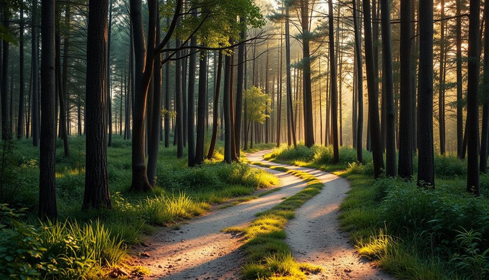 Photorealistic photo of A tranquil dirt path winding through a dense green forest with soft sunlight filtering through the tall trees., close-up detail with shallow depth of field, warm golden light, calm mood, 16:9 aspect ratio