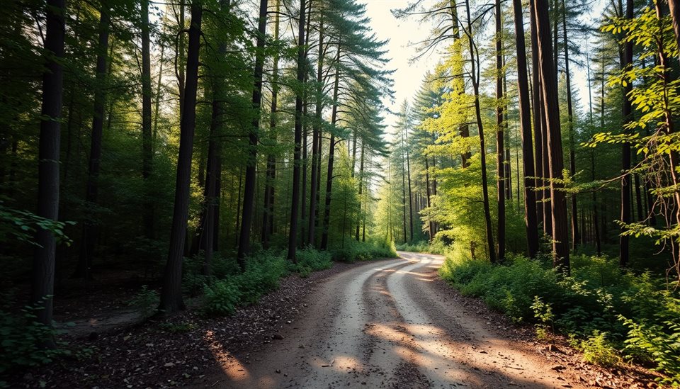 Cinematic film still of A tranquil dirt path winding through a dense green forest with soft sunlight filtering through the tall trees., wide shot with open space at the top for text, vivid colors, high contrast, energetic, 16:9 aspect ratio