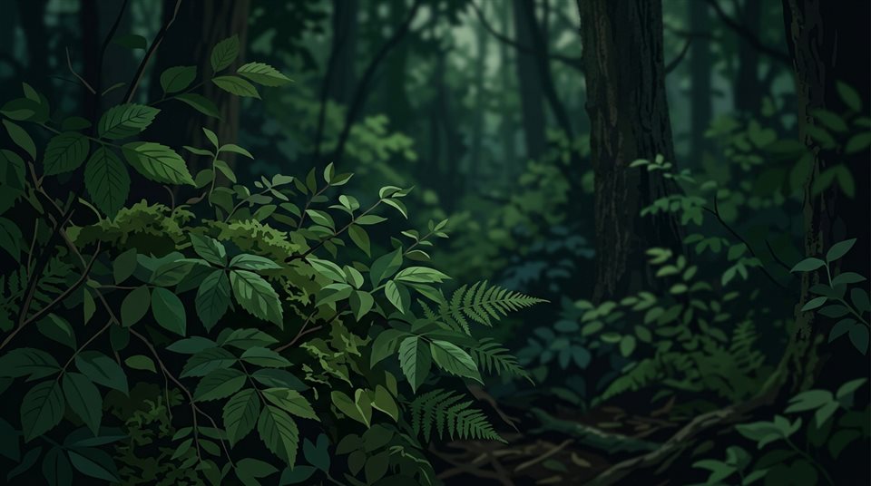 Ilustración plana minimalista de un denso bosque verde, detalle en primer plano con poca profundidad de campo, tonos oscuros y melancólicos, iluminación dramática, relación de aspecto 16:9