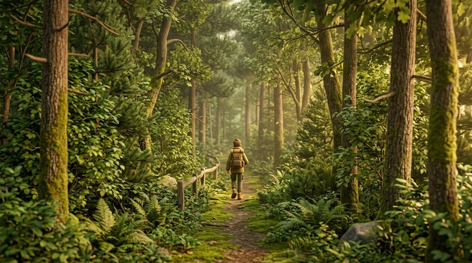 Renderização 3D suave de floresta verde densa, assunto centralizado com composição simples e limpa, luz dourada quente, clima calmo, proporção 16:9