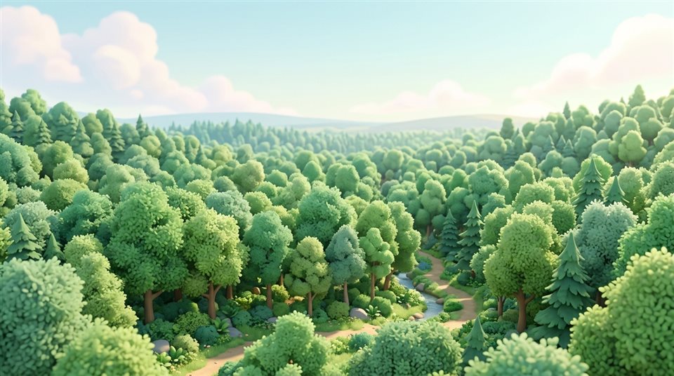 Renderizado 3D suave de un denso bosque verde, plano general con espacio abierto en la parte superior para texto, colores pastel suaves, brillante y acogedor, relación de aspecto 16:9