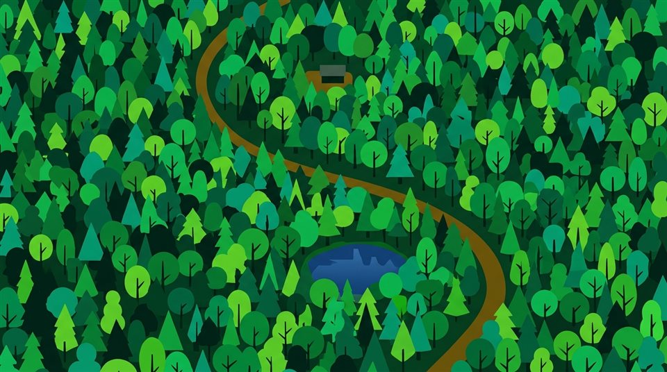 Ilustración plana minimalista de un denso bosque verde, vista en picado desde arriba, colores vivos, alto contraste, enérgico, relación de aspecto 16:9
