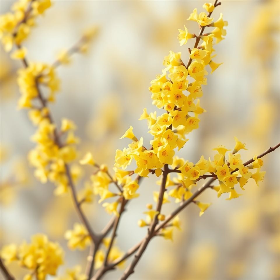 Minimal flat illustration of Bright yellow spring bell-like flowers blooming densely on slender branches against a soft blurred background., close-up detail with shallow depth of field, soft pastel colors, bright and cozy, 1:1 aspect ratio