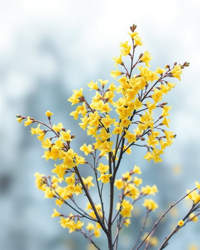 Watercolor illustration of Bright yellow spring bell-like flowers blooming densely on slender branches against a soft blurred background., wide shot with open space at the top for text, cool blue tones, quiet atmosphere, 4:5 aspect ratio