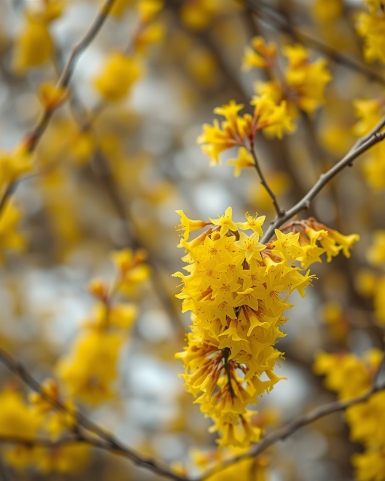 Cinematic film still of Bright yellow spring bell-like flowers blooming densely on slender branches against a soft blurred background., wide shot with open space at the top for text, vivid colors, high contrast, energetic, 4:5 aspect ratio