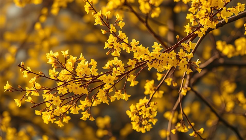Photorealistic photo of Bright yellow spring bell-like flowers blooming densely on slender branches against a soft blurred background., high-angle view from above, warm golden light, calm mood, 16:9 aspect ratio