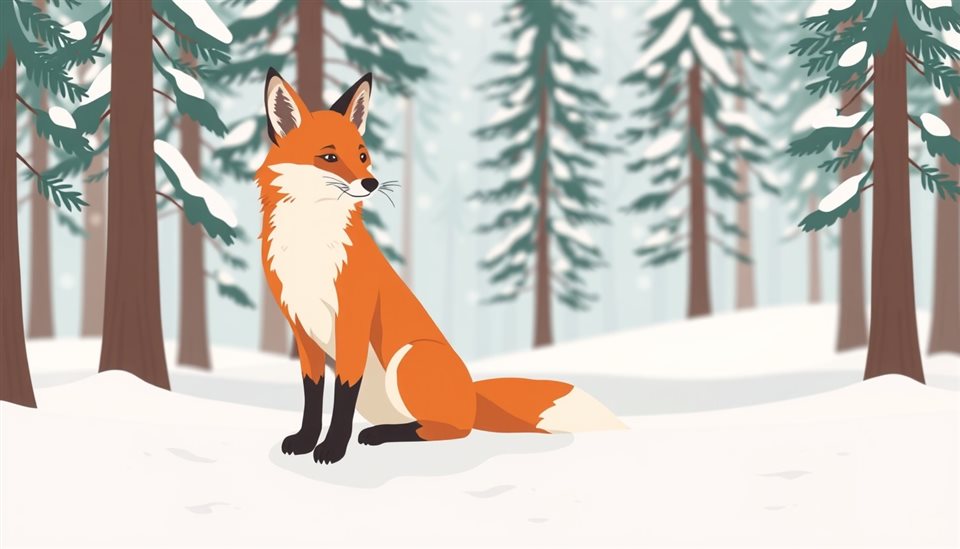 Minimal flat illustration of A wild red fox sitting alert and gracefully in a snowy pine forest, close-up detail with shallow depth of field, soft pastel colors, bright and cozy, 16:9 aspect ratio