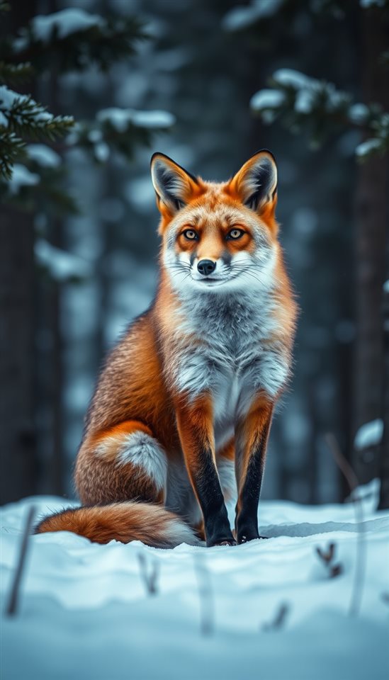 Cinematic film still of A wild red fox sitting alert and gracefully in a snowy pine forest, wide shot with open space at the top for text, vivid colors, high contrast, energetic, 9:16 aspect ratio