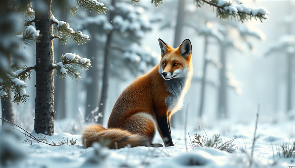Soft 3D render of A wild red fox sitting alert and gracefully in a snowy pine forest, close-up detail with shallow depth of field, misty morning haze, dreamy, 16:9 aspect ratio