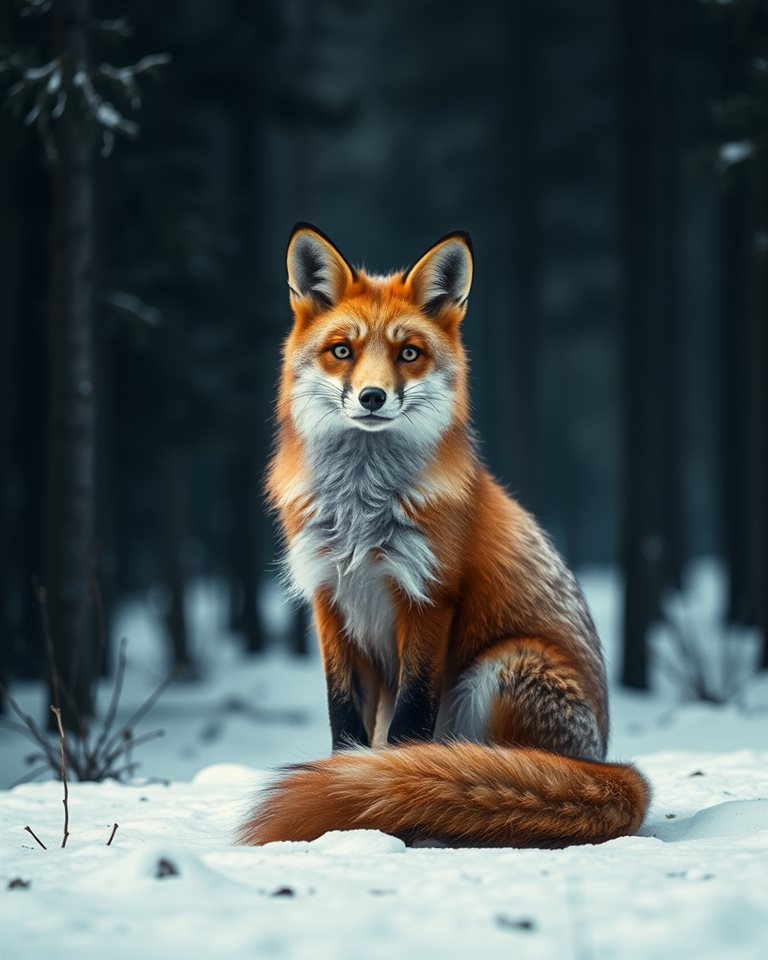 Photorealistic photo of A wild red fox sitting alert and gracefully in a snowy pine forest, centered subject with a simple uncluttered composition, moody dark tones, dramatic lighting, 4:5 aspect ratio