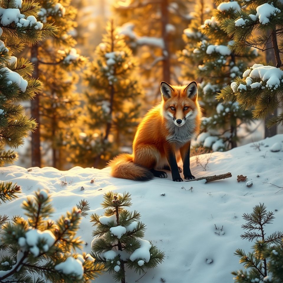 Photorealistic photo of A wild red fox sitting alert and gracefully in a snowy pine forest, high-angle view from above, warm golden light, calm mood, 1:1 aspect ratio