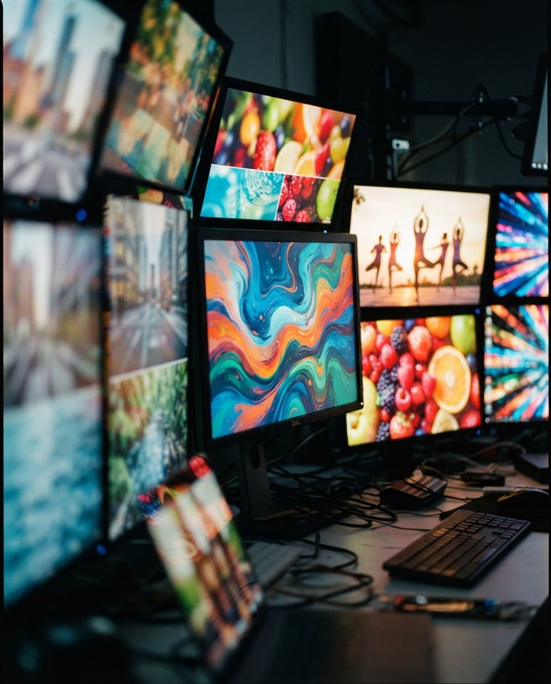 Cinematic film still of a diverse collection of vibrant stock photos displayed on digital screens, close-up detail with shallow depth of field, vivid colors, high contrast, energetic, 4:5 aspect ratio