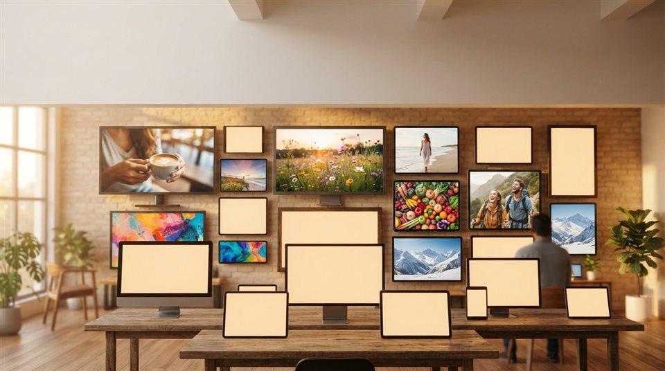 Photorealistic photo of a diverse collection of vibrant stock photos displayed on digital screens, wide shot with open space at the top for text, warm golden light, calm mood, 16:9 aspect ratio