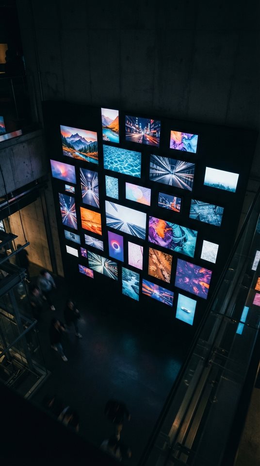 Photorealistic photo of a diverse collection of vibrant stock photos displayed on digital screens, high-angle view from above, moody dark tones, dramatic lighting, 9:16 aspect ratio