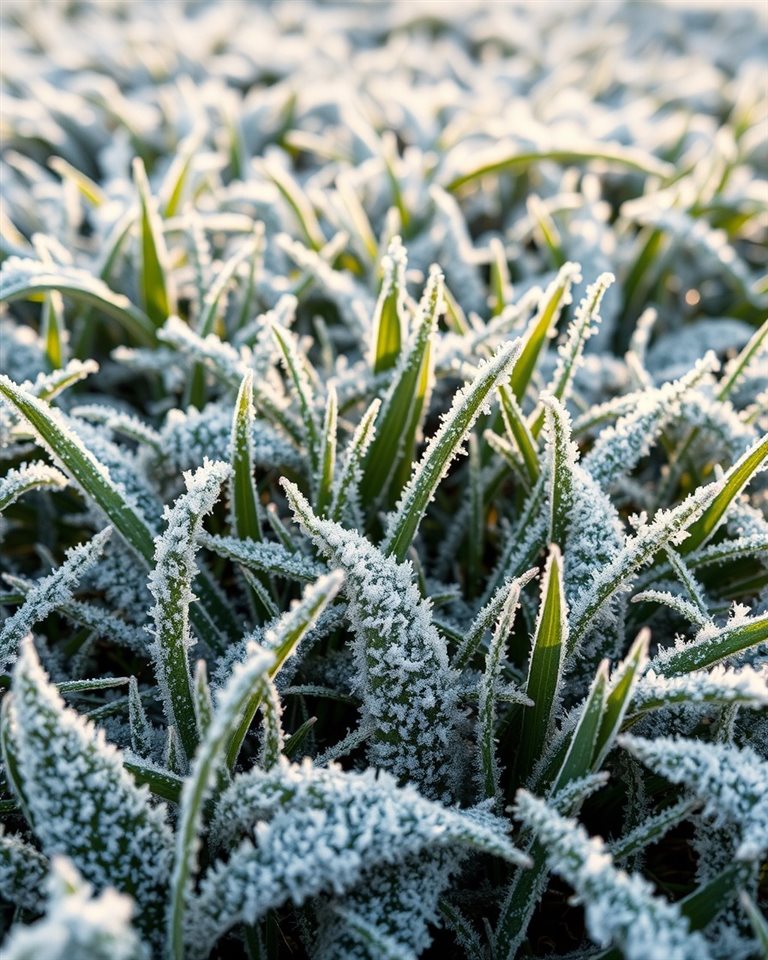 Cinematic film still of Intricate white frost crystals covering green grass leaves on a cold winter morning, wide shot with open space at the top for text, vivid colors, high contrast, energetic, 4:5 aspect ratio