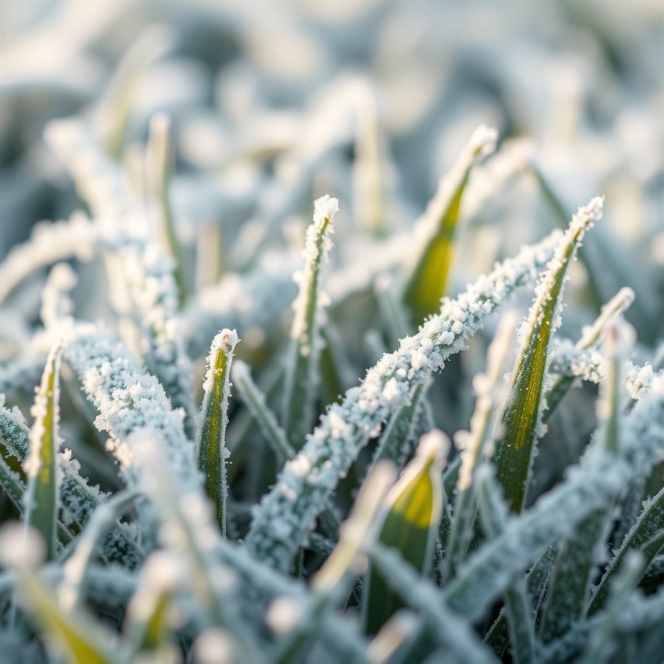Soft 3D render of Intricate white frost crystals covering green grass leaves on a cold winter morning, close-up detail with shallow depth of field, misty morning haze, dreamy, 1:1 aspect ratio