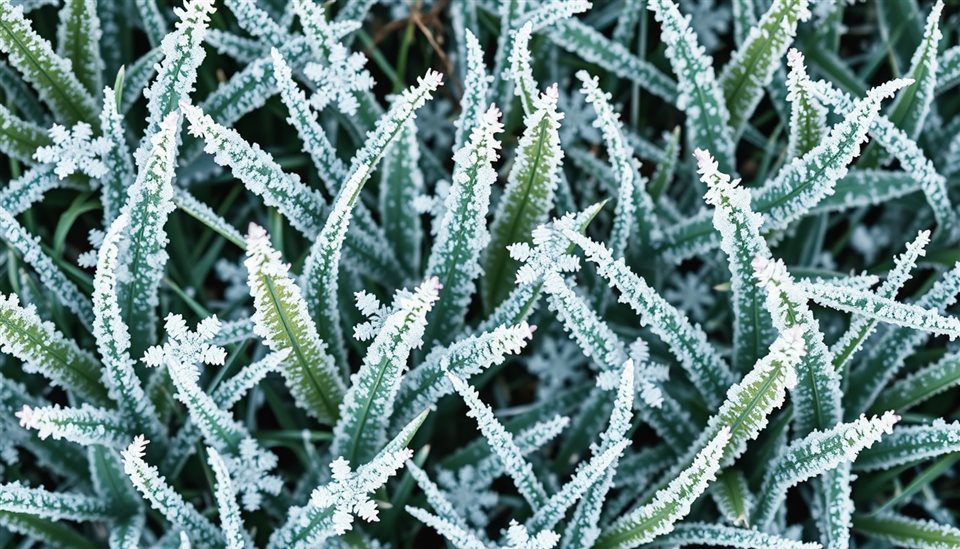 Minimal flat illustration of Intricate white frost crystals covering green grass leaves on a cold winter morning, high-angle view from above, soft pastel colors, bright and cozy, 16:9 aspect ratio